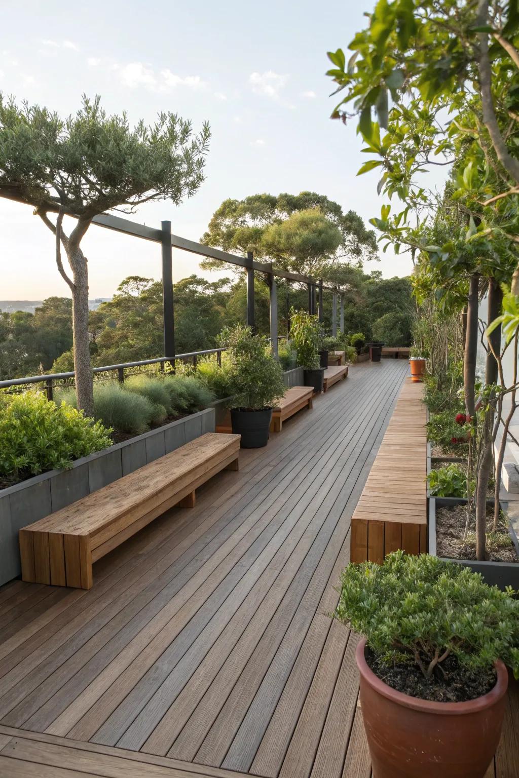 Integrated timber benches that meld seamlessly into the deck's design.
