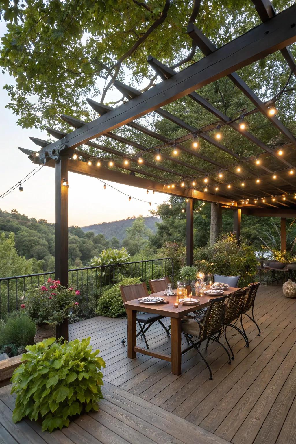 An outdoor dining area beneath a pergola, beautifully lit with festive string lights.