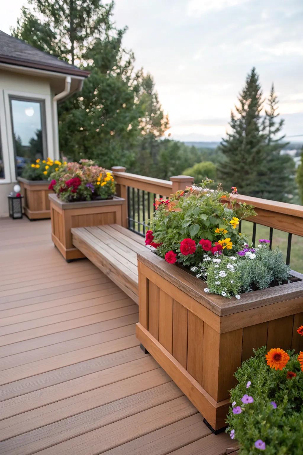 A clever application of corner space with a bench and growing containers.