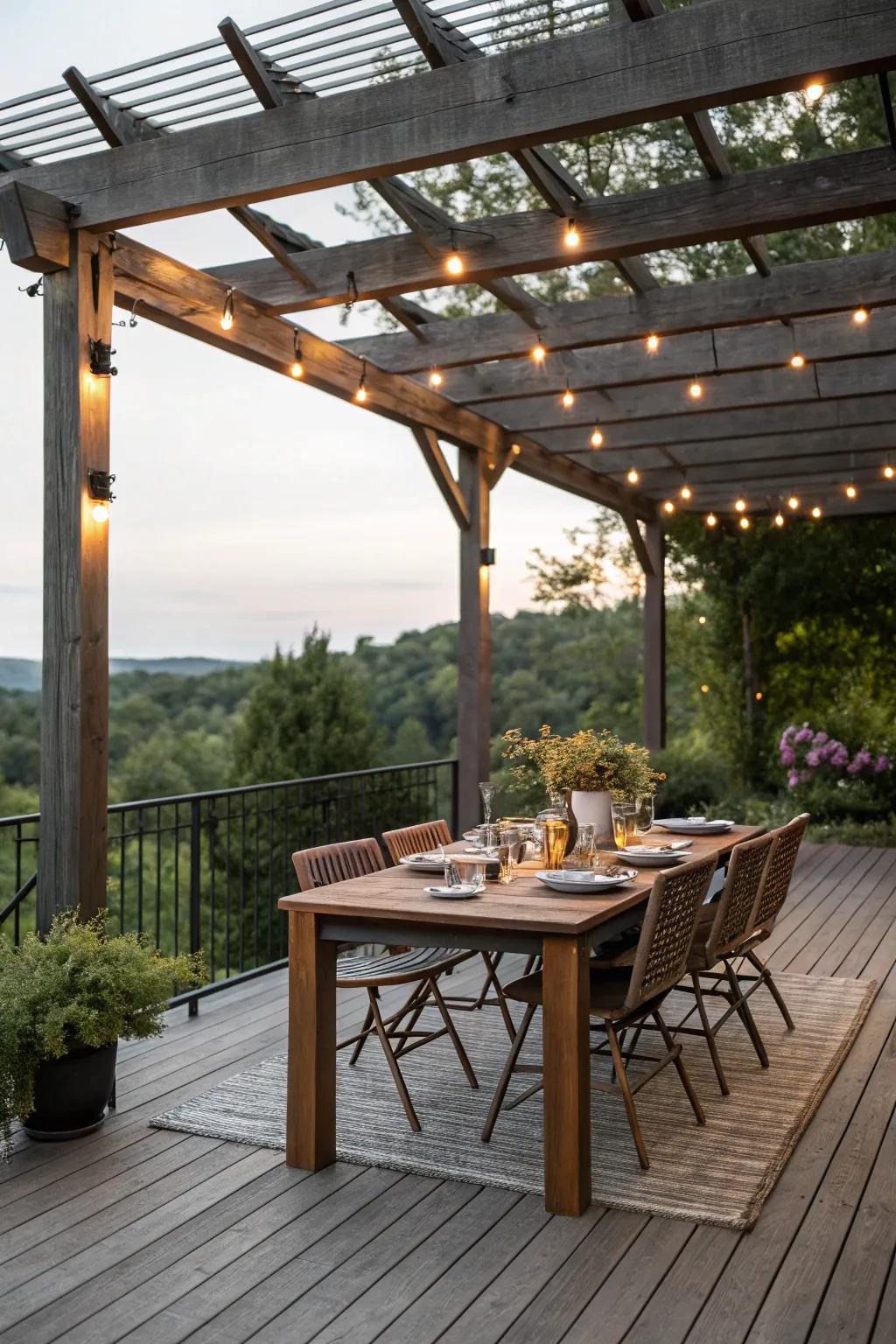 A comfortable outdoor dining area under a pergola, perfect for get-togethers.