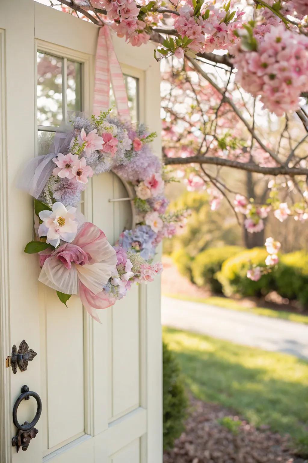 A spring floral fantasy deco mesh wreath that brings the garden to your door.