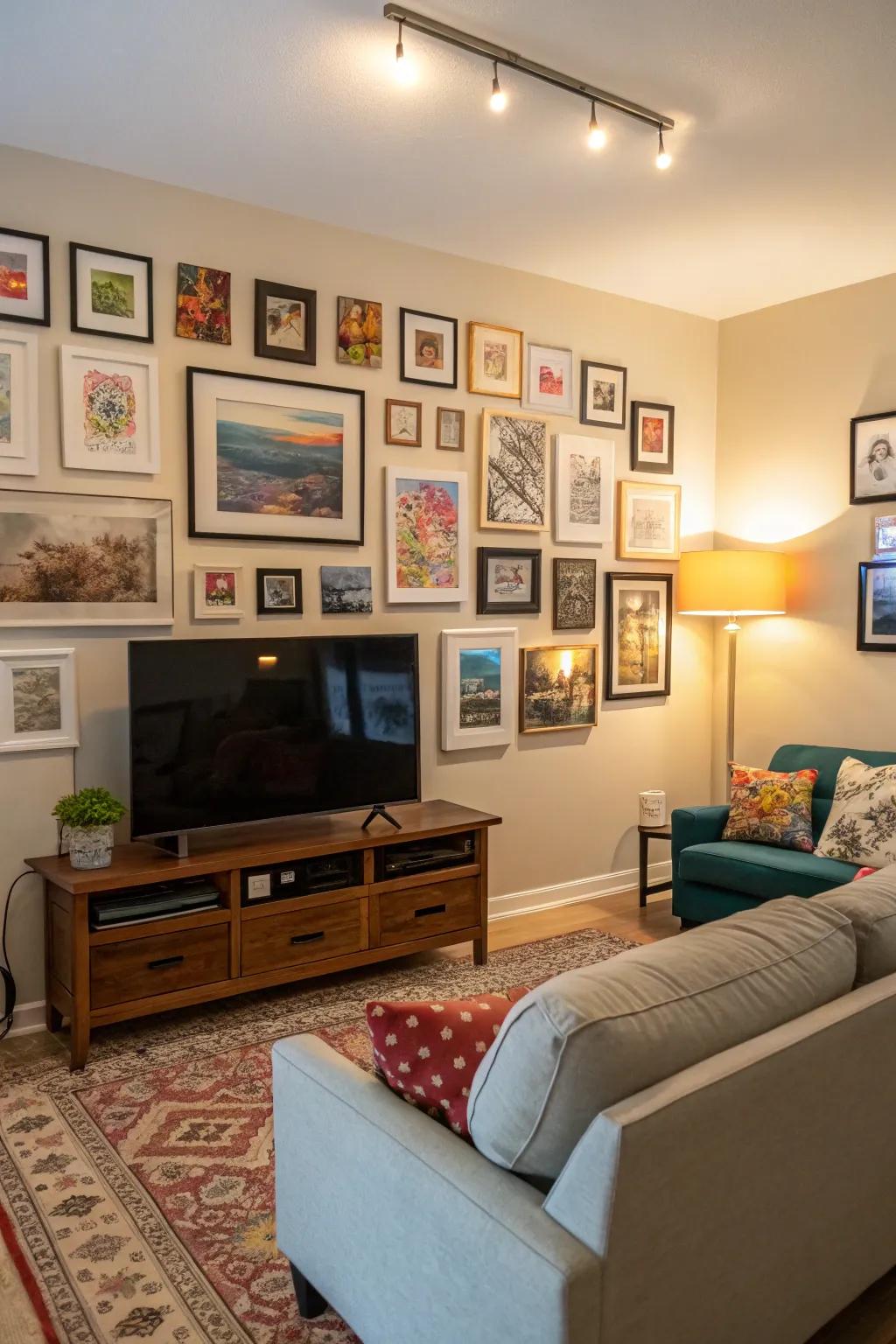 Integrating a gallery wall around the TV introduces a personal element and captivating visual appeal.