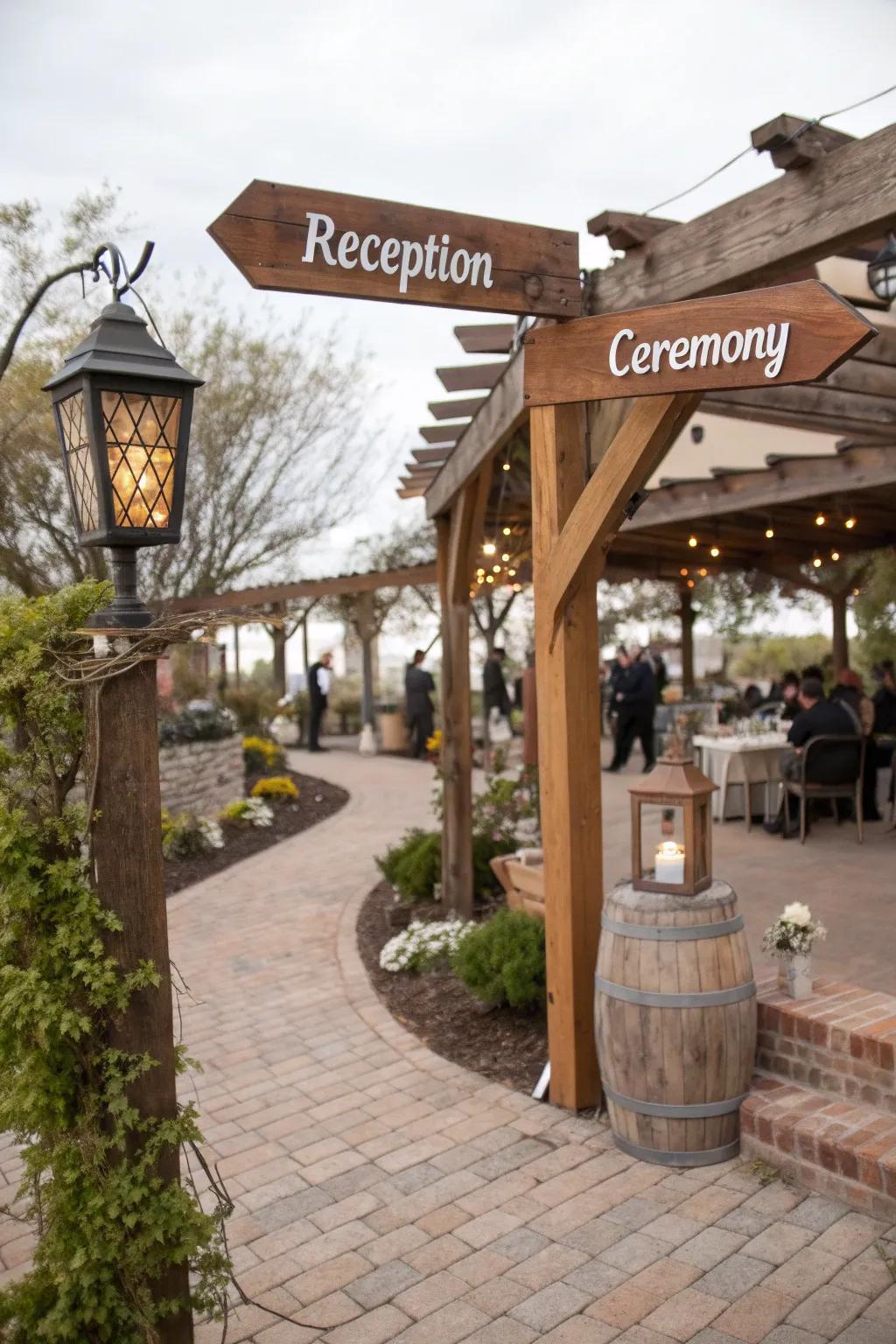 Personalized wooden signs at a rustic wedding venue.