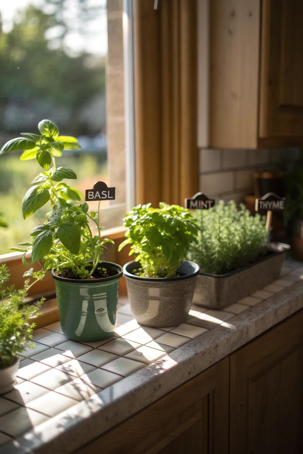 A kitchen windowsill showcasing an array of vibrant herbs and plants.