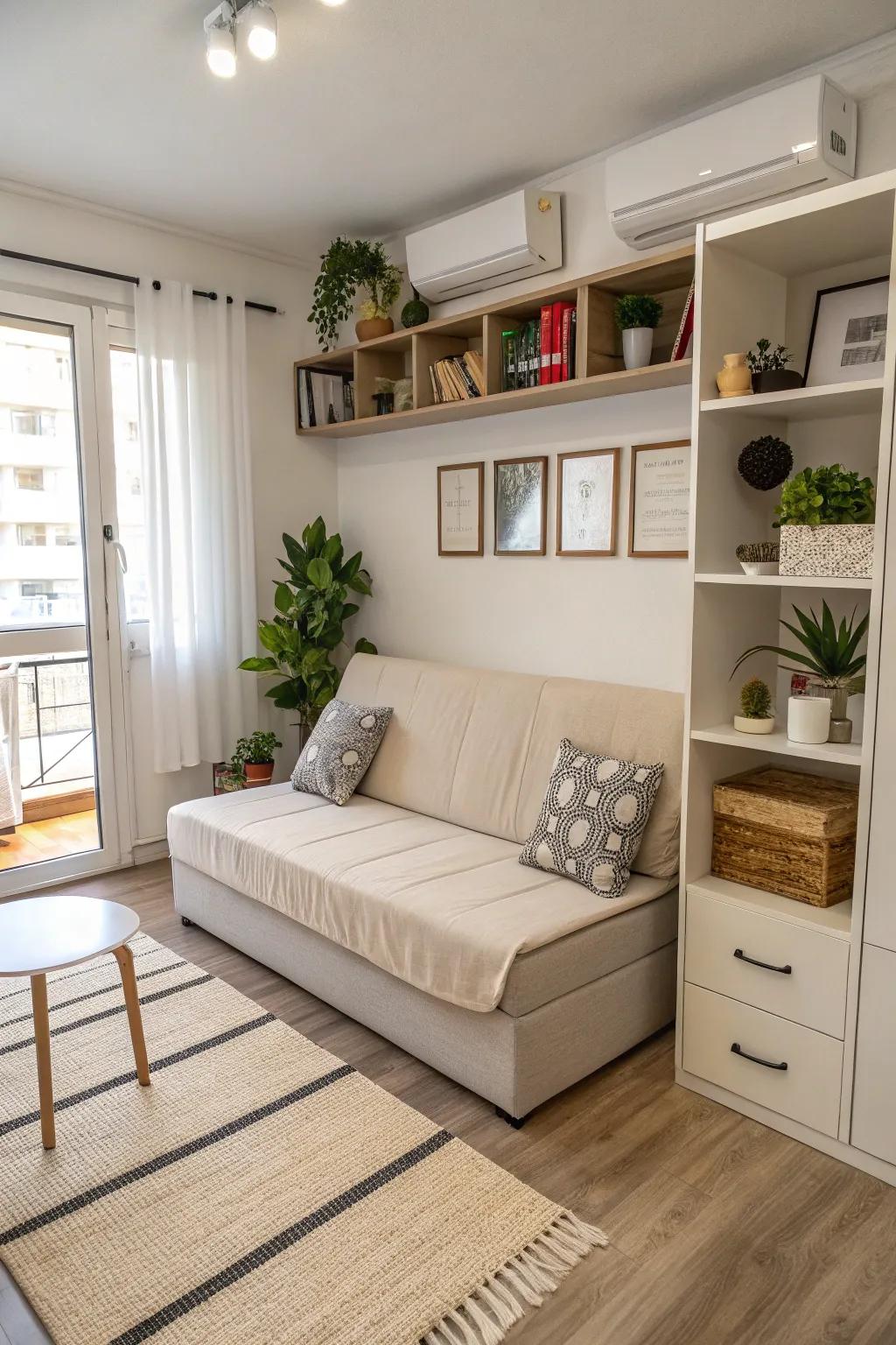 Furniture with multiple functions can transform a confined area into a flexible living space.