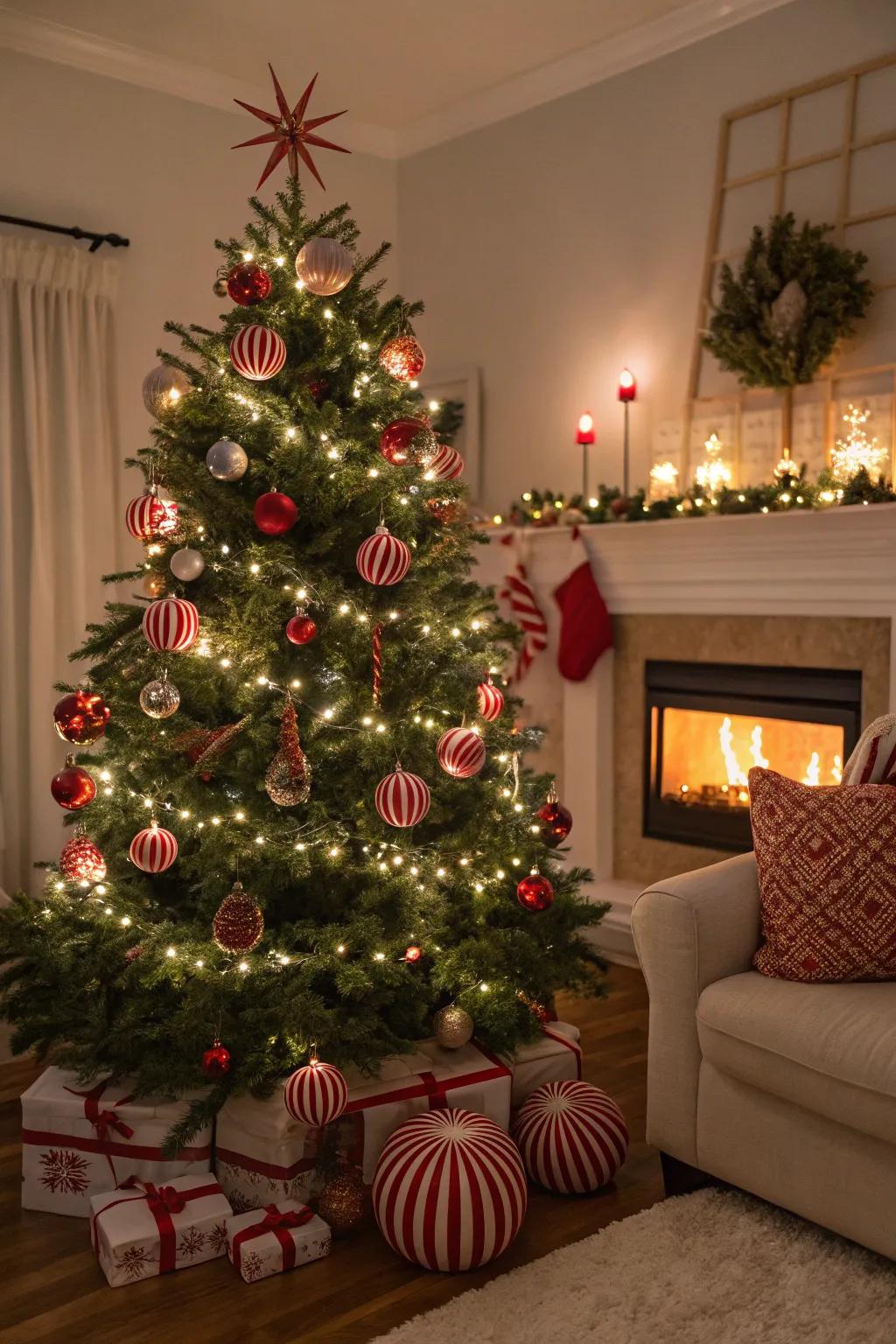 A Christmas tree aglow with red and white lights, decorated with peppermint ornaments.