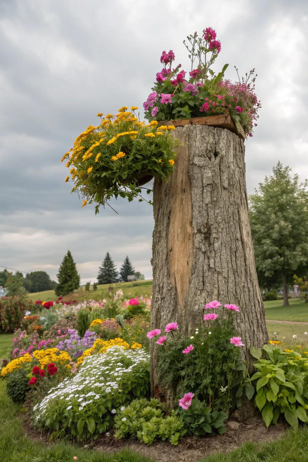 A towering tree stump planter brings a burst of color to any garden setting.
