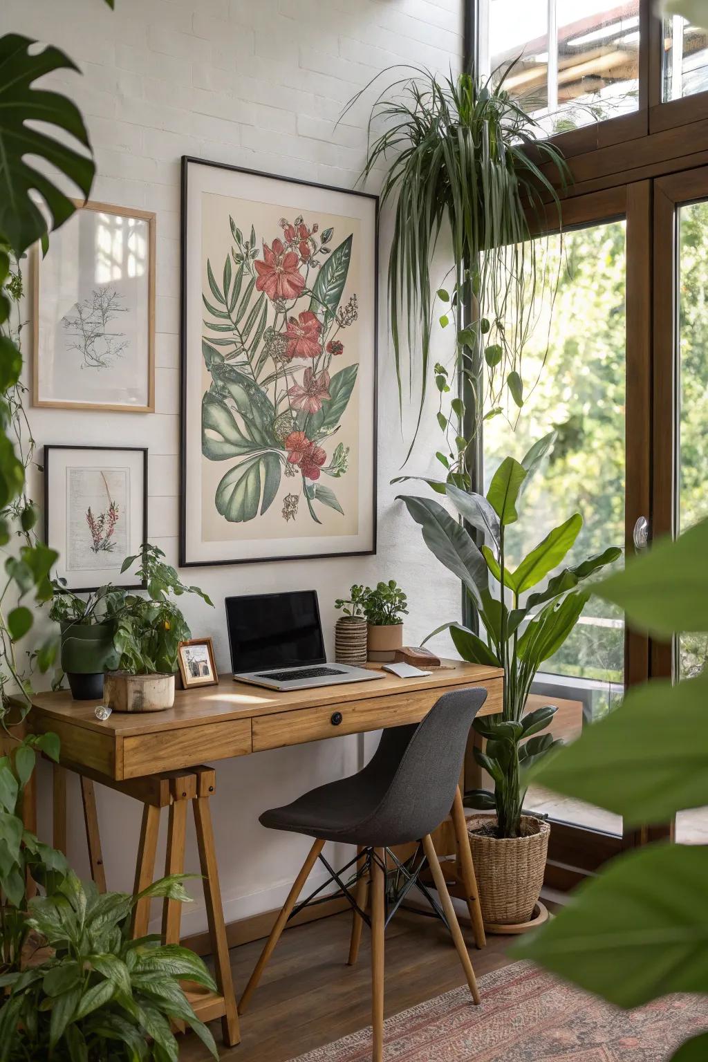 A home office showcasing a framed botanical sketch design.