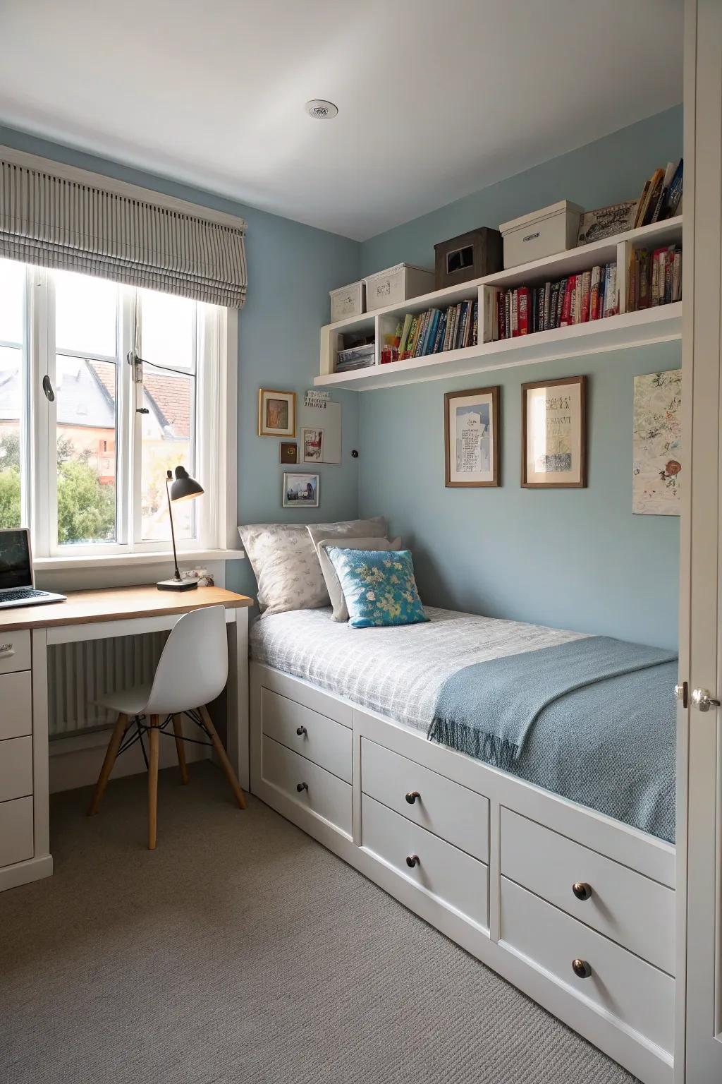 A compact bedroom highlighting a bed with storage features and a dual-purpose desk.