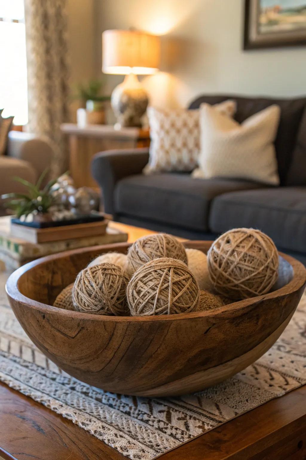 Twine-covered spheres adding a rustic feel to a family room