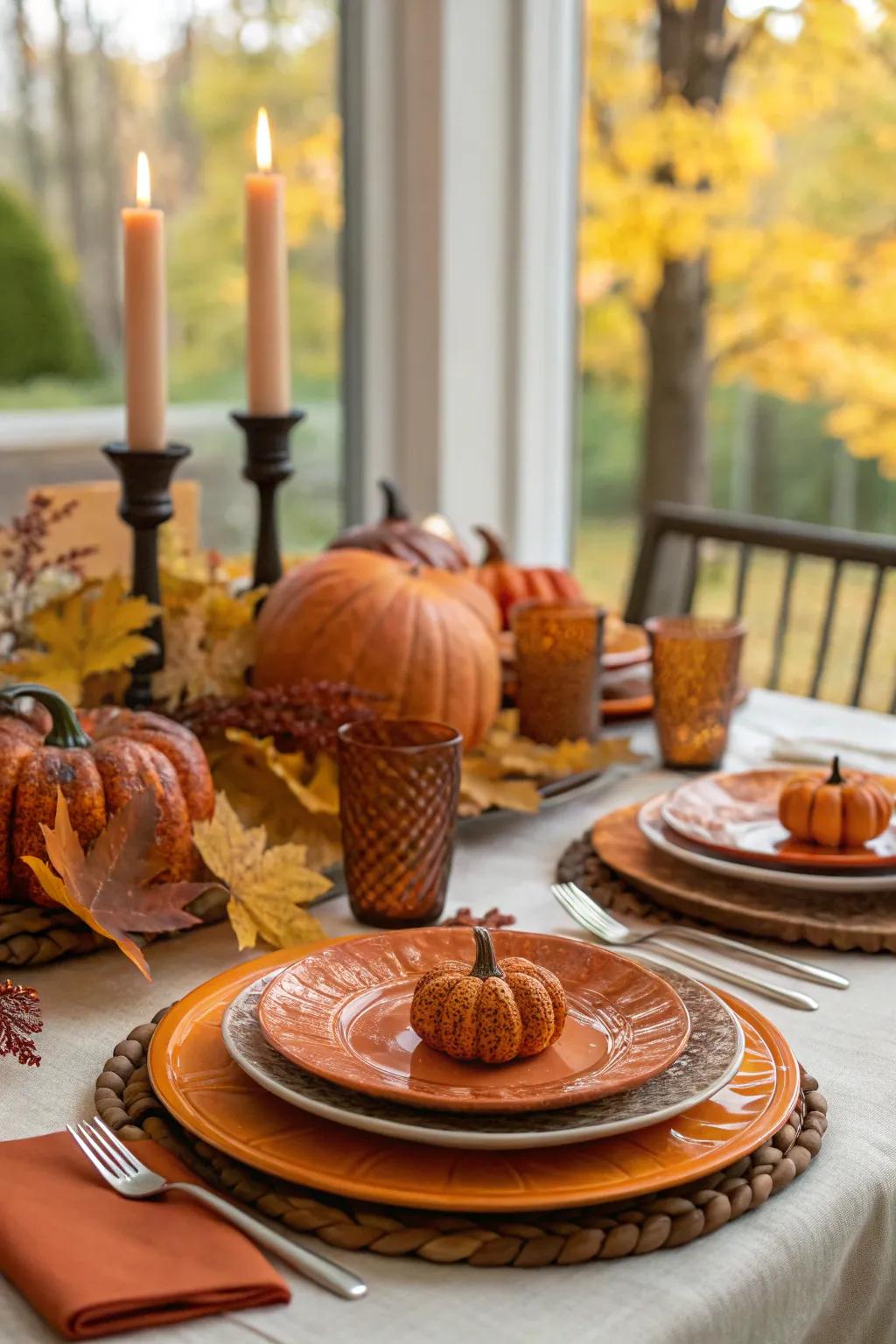 Autumn-inspired presentation plates with pumpkin decorations.
