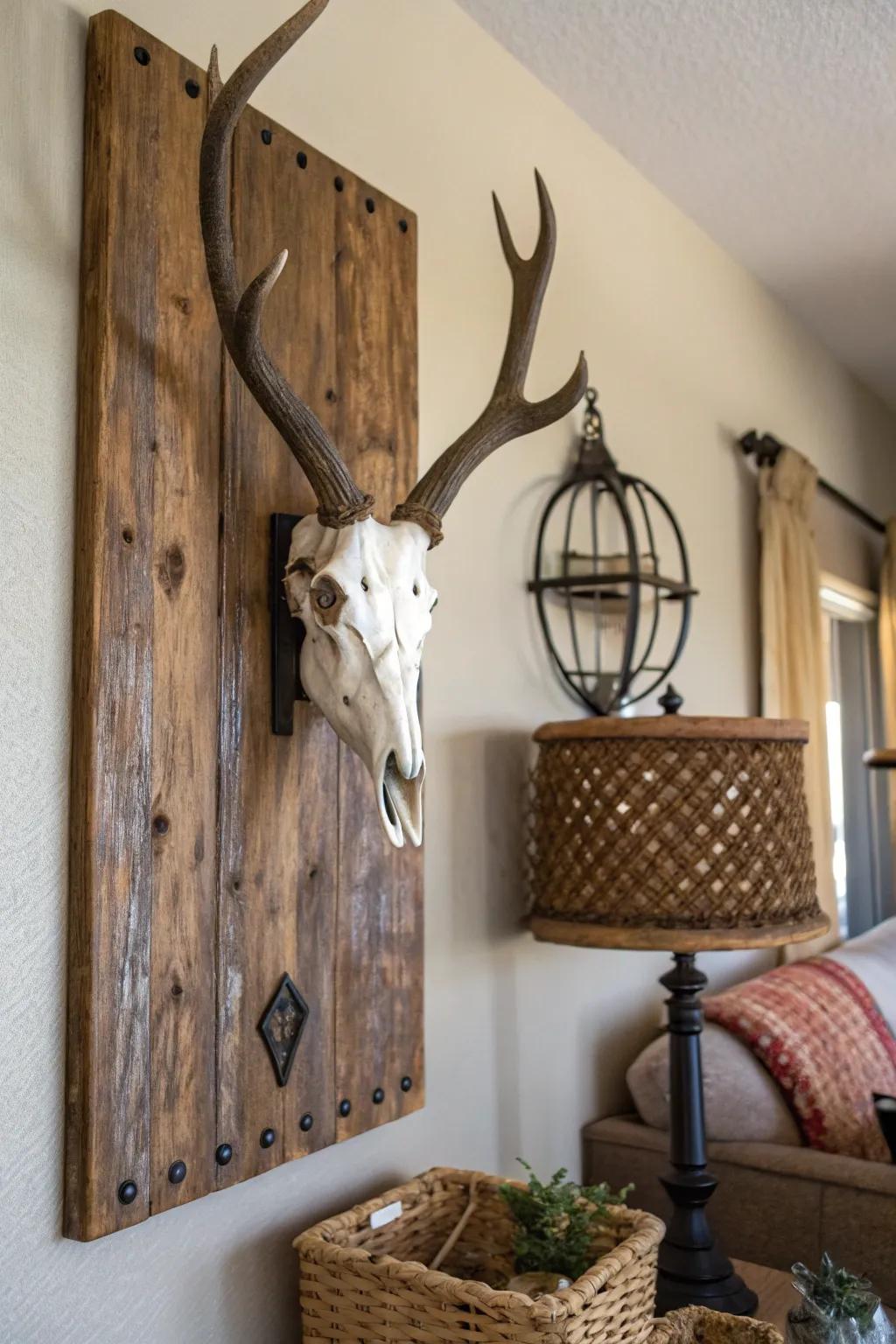 A timber backdrop heightens the inherent allure of a deer skull display.