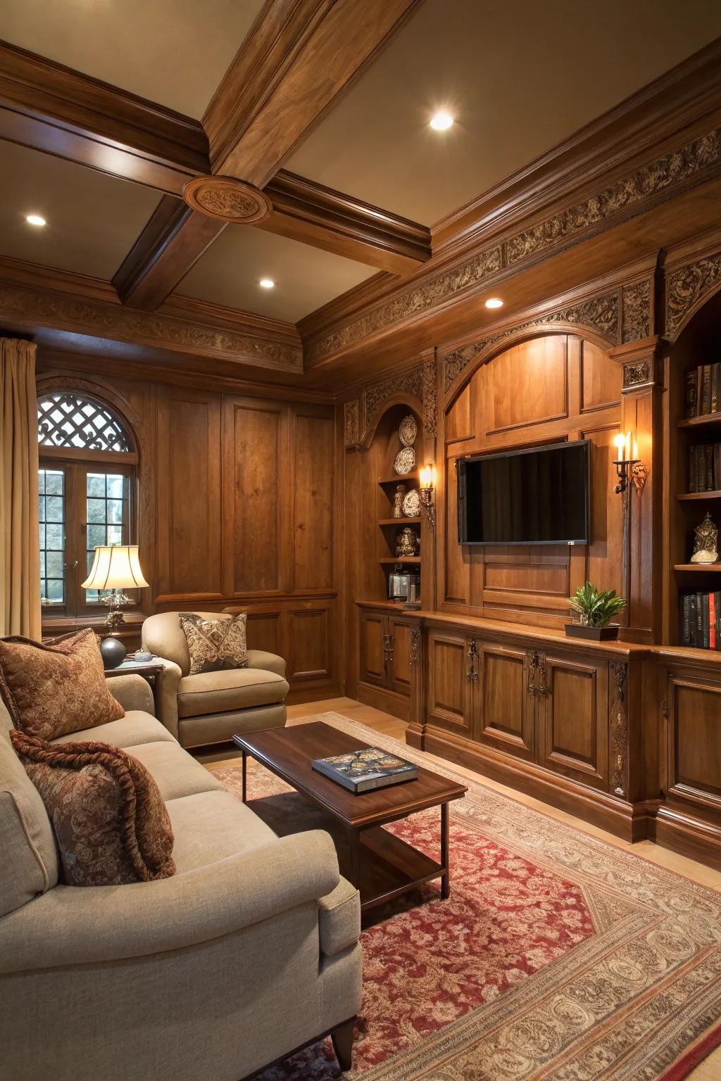 A warm den showcasing wood cladding and an inviting ambiance.