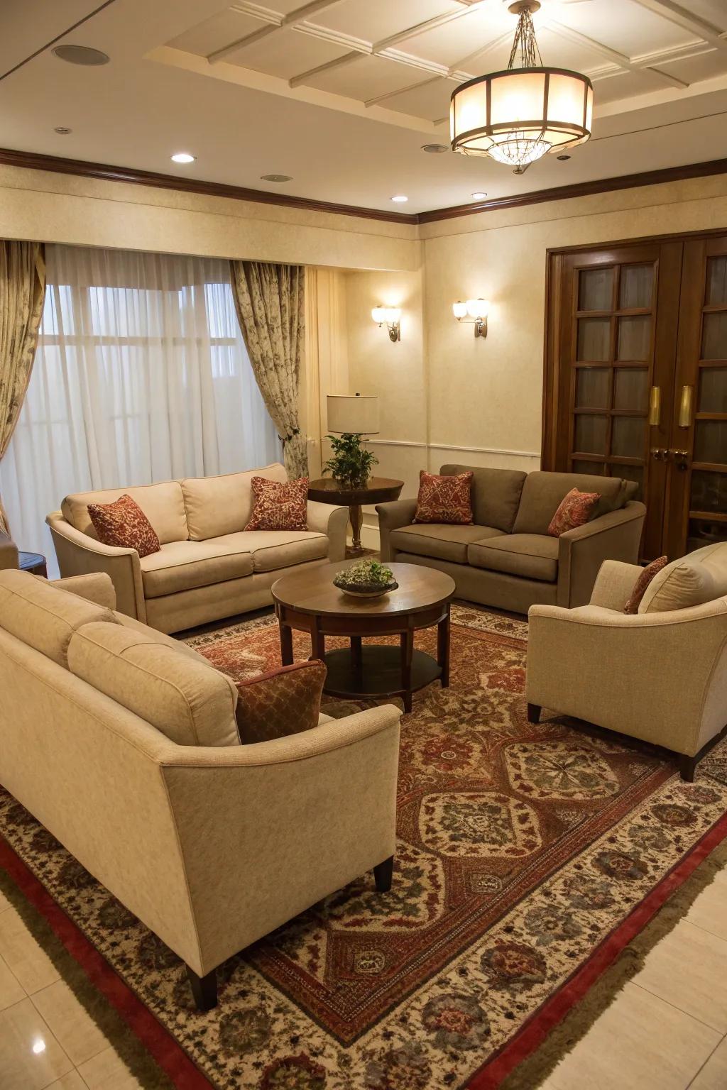 Cozy seating arrangement in a snug space.