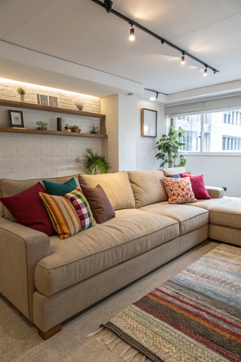 A modern relaxation room featuring a large modular couch with colorful accents.