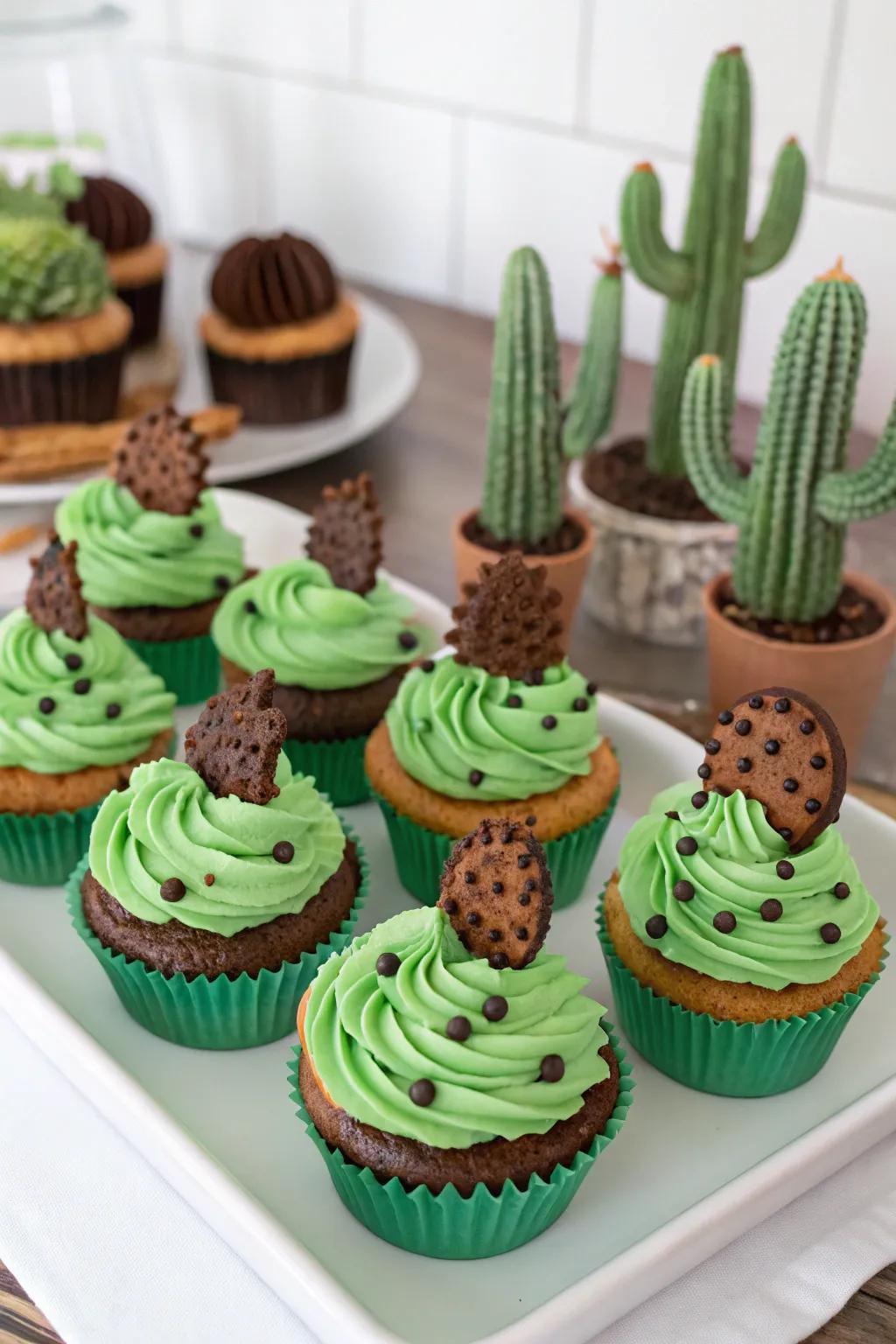 Spiked goodness-themed cupcakes featuring verdant icing and chocolate morsel prickles.
