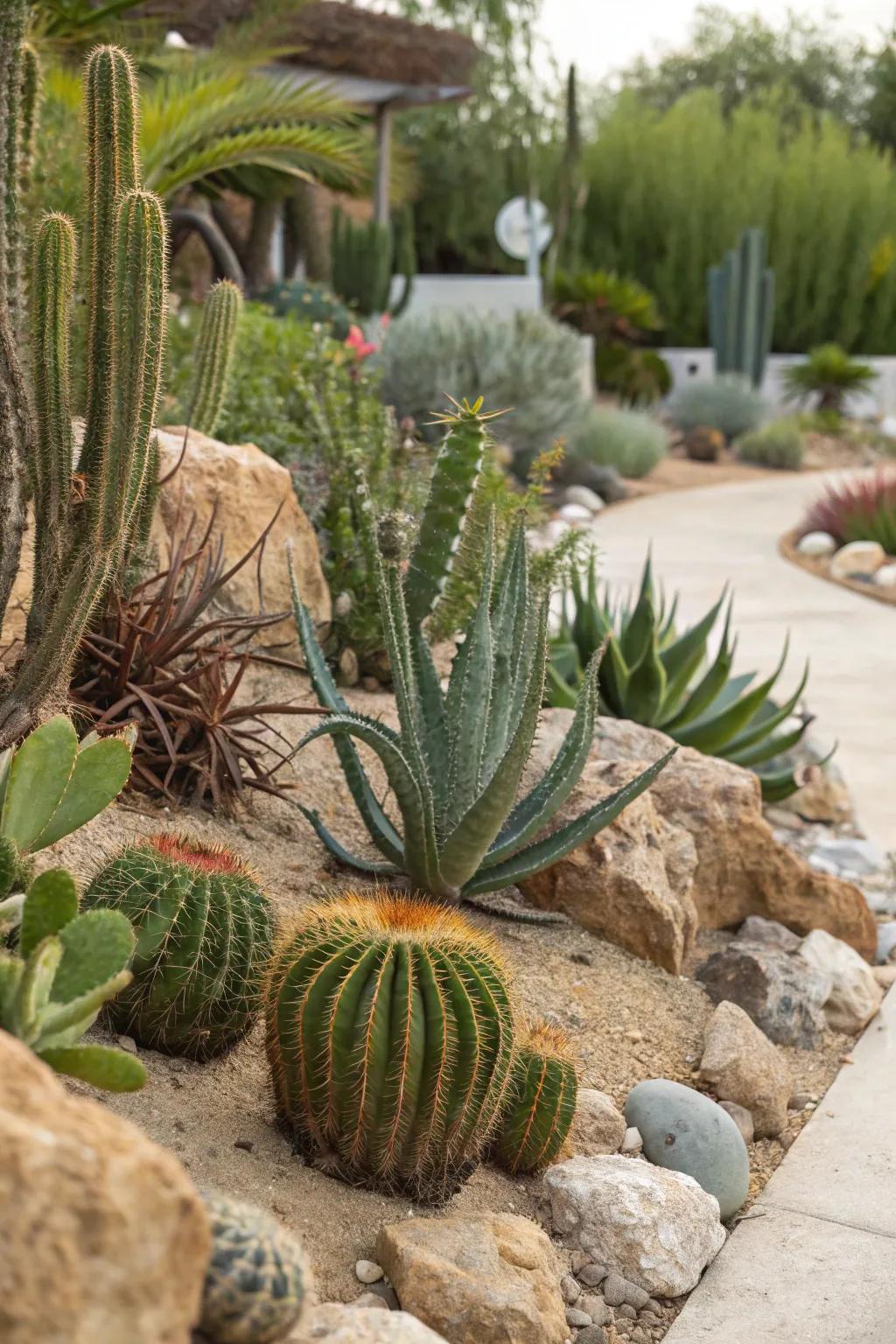 An energetic arrangement of cacti and succulents, displaying their individual forms and textures.