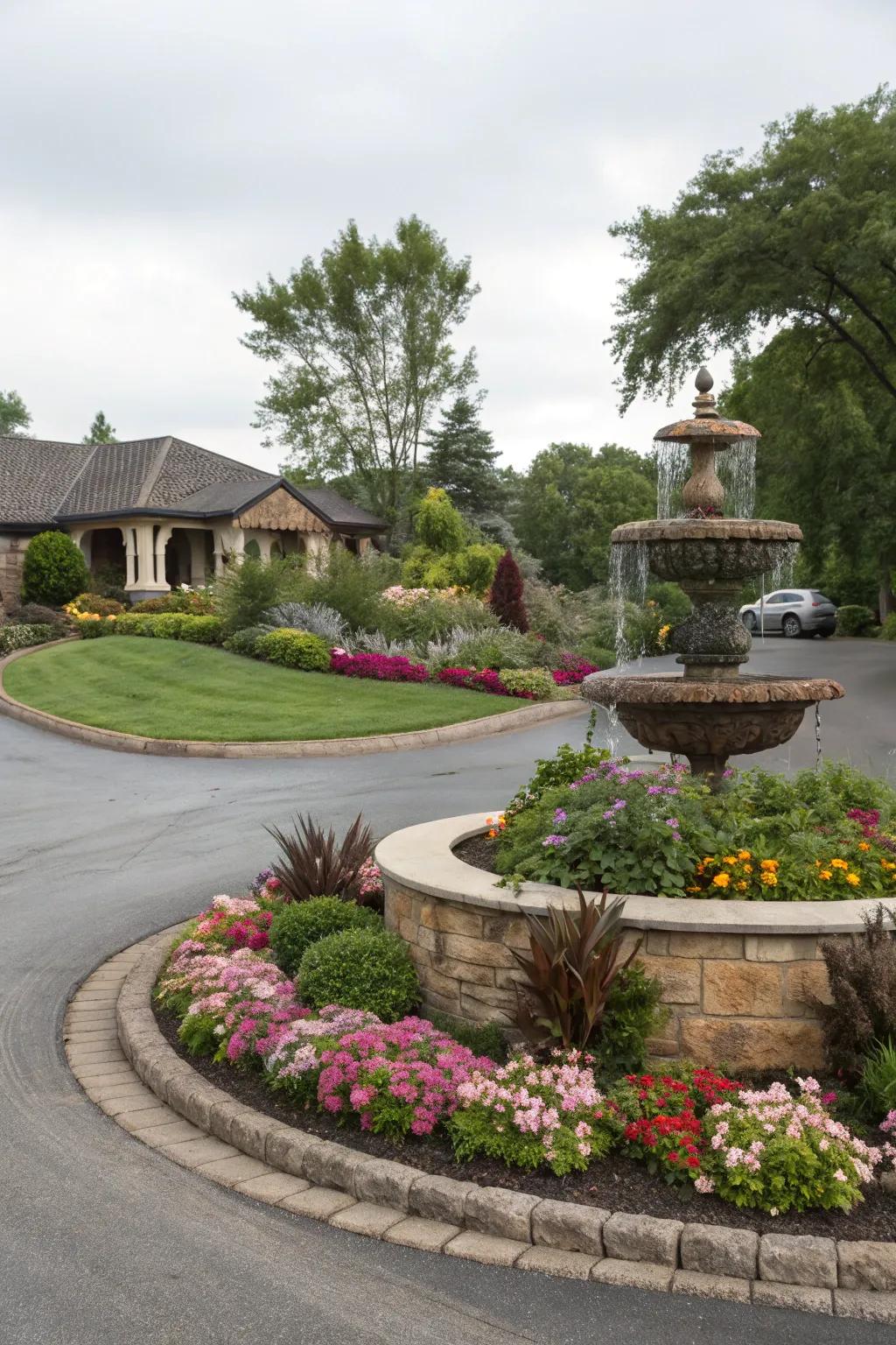 A central island adorned with lively flowers and a fountain transforms this driveway into a charming spectacle.