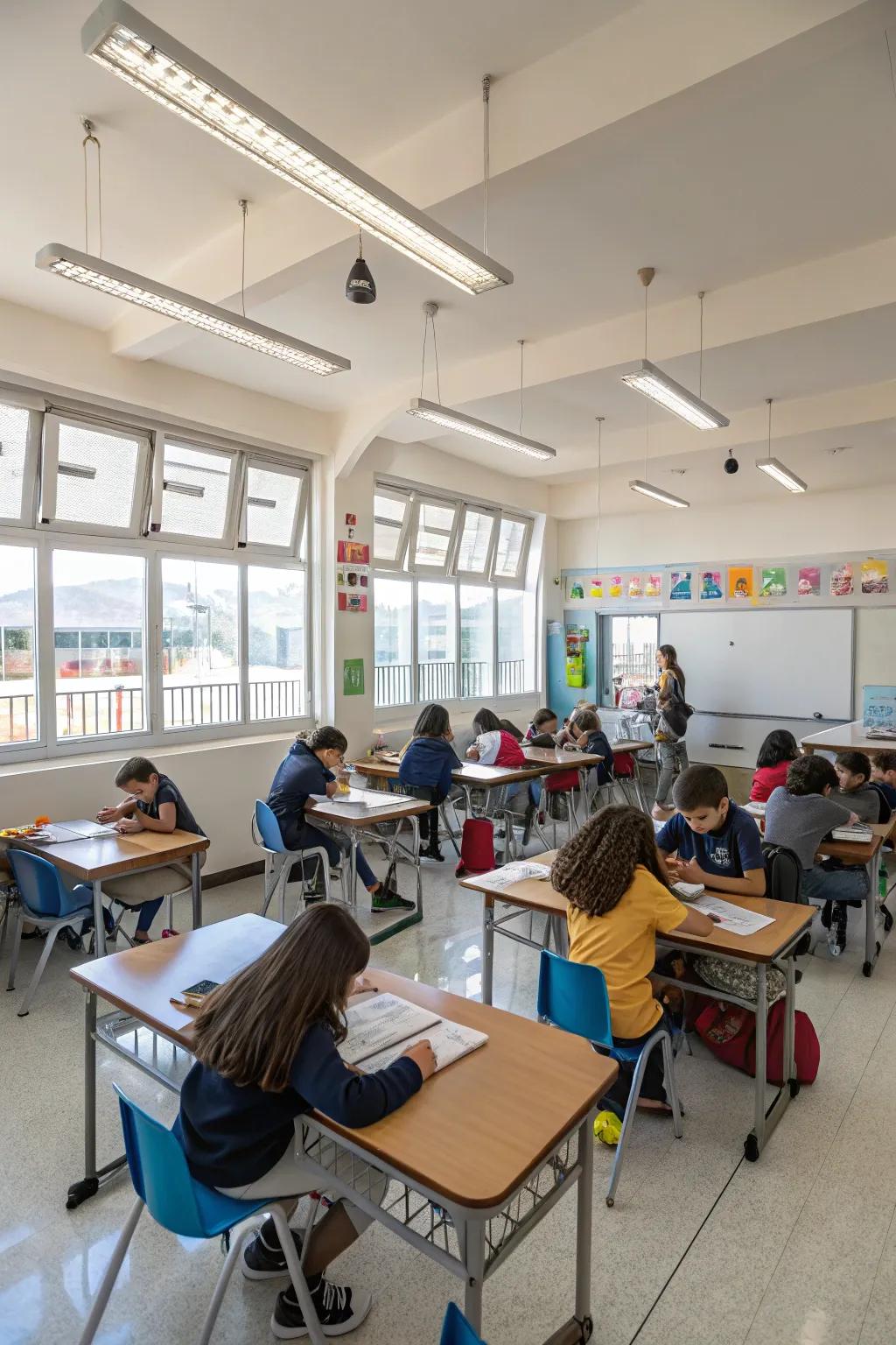 Clustered desk arrangements cultivate a collaborative classroom setting.