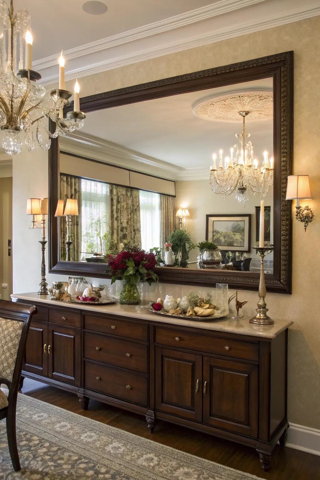 A sizable mirror enhances the depth and sophistication of this dining buffet arrangement.