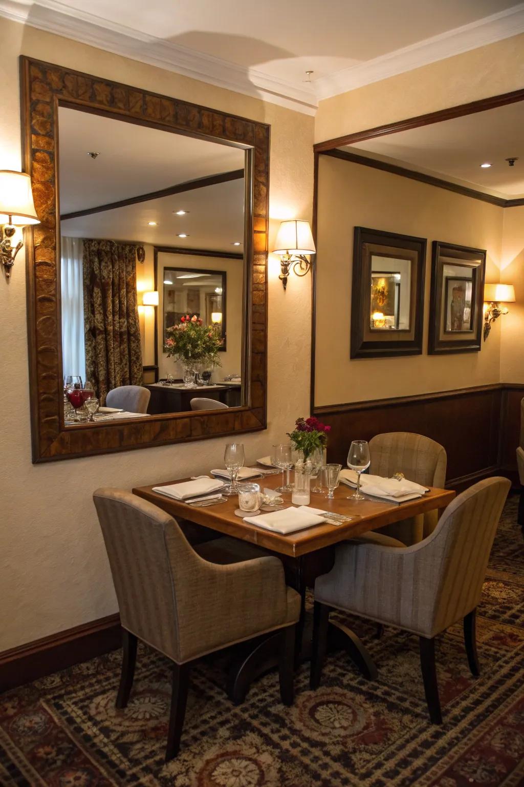 A generously sized mirror beautifully enhances the openness of a snug dining area.