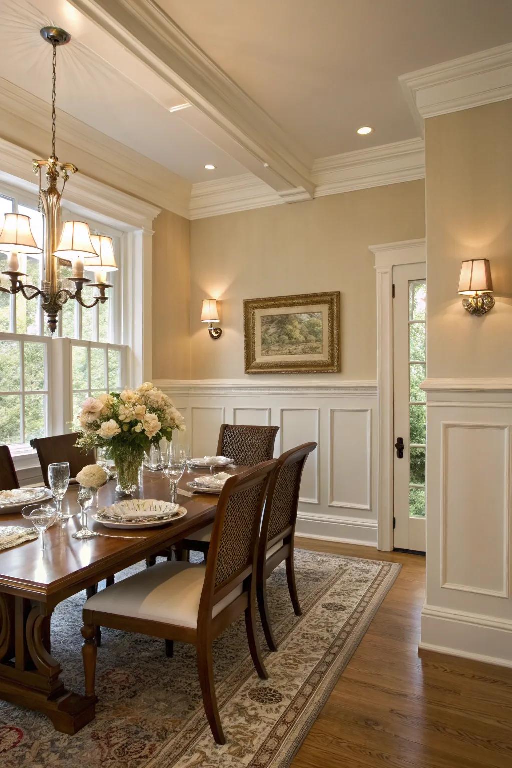 Traditional white wainscoting brings a timeless elegance to this dining room.