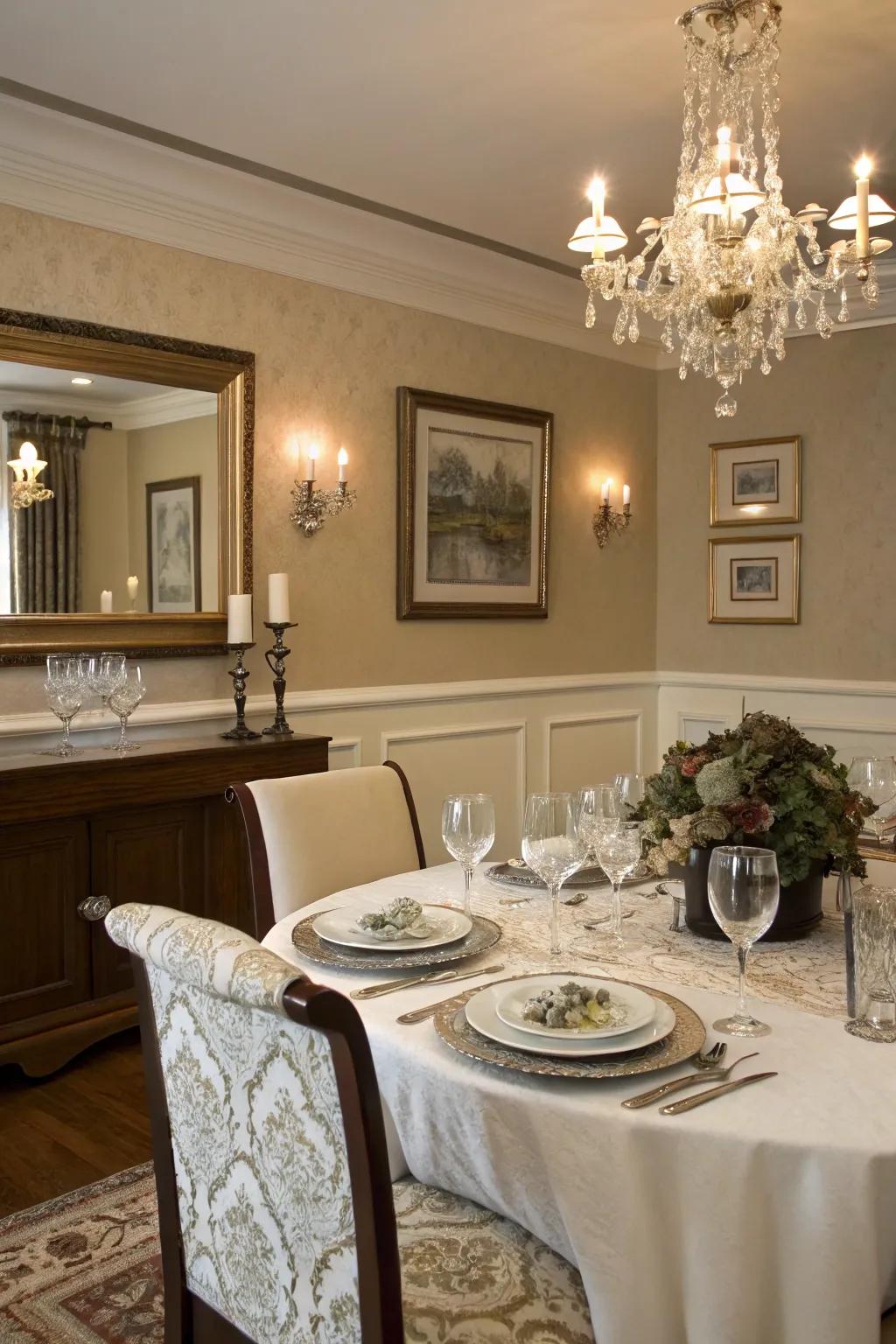 The sophisticated two-tone paint application elevates the dining room's ambiance.