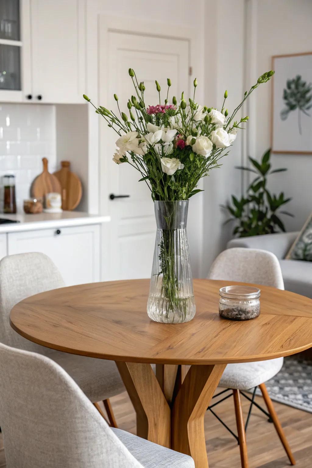 Simple yet striking, a single vase centerpiece adds elegance to any dining table.