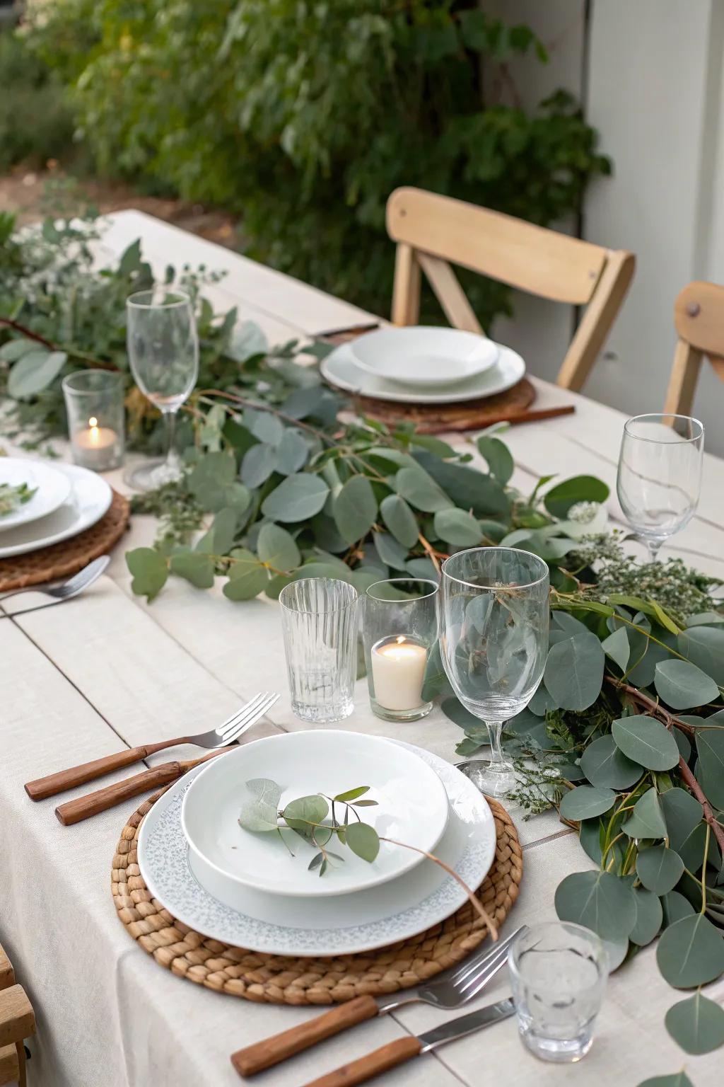 A dinner table adorned with nature-inspired accents, featuring silver drop branches.