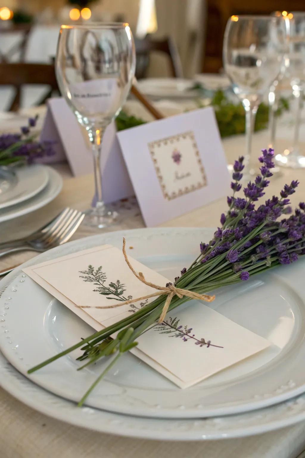 Elevate elegance with place cards adorned with lavender.