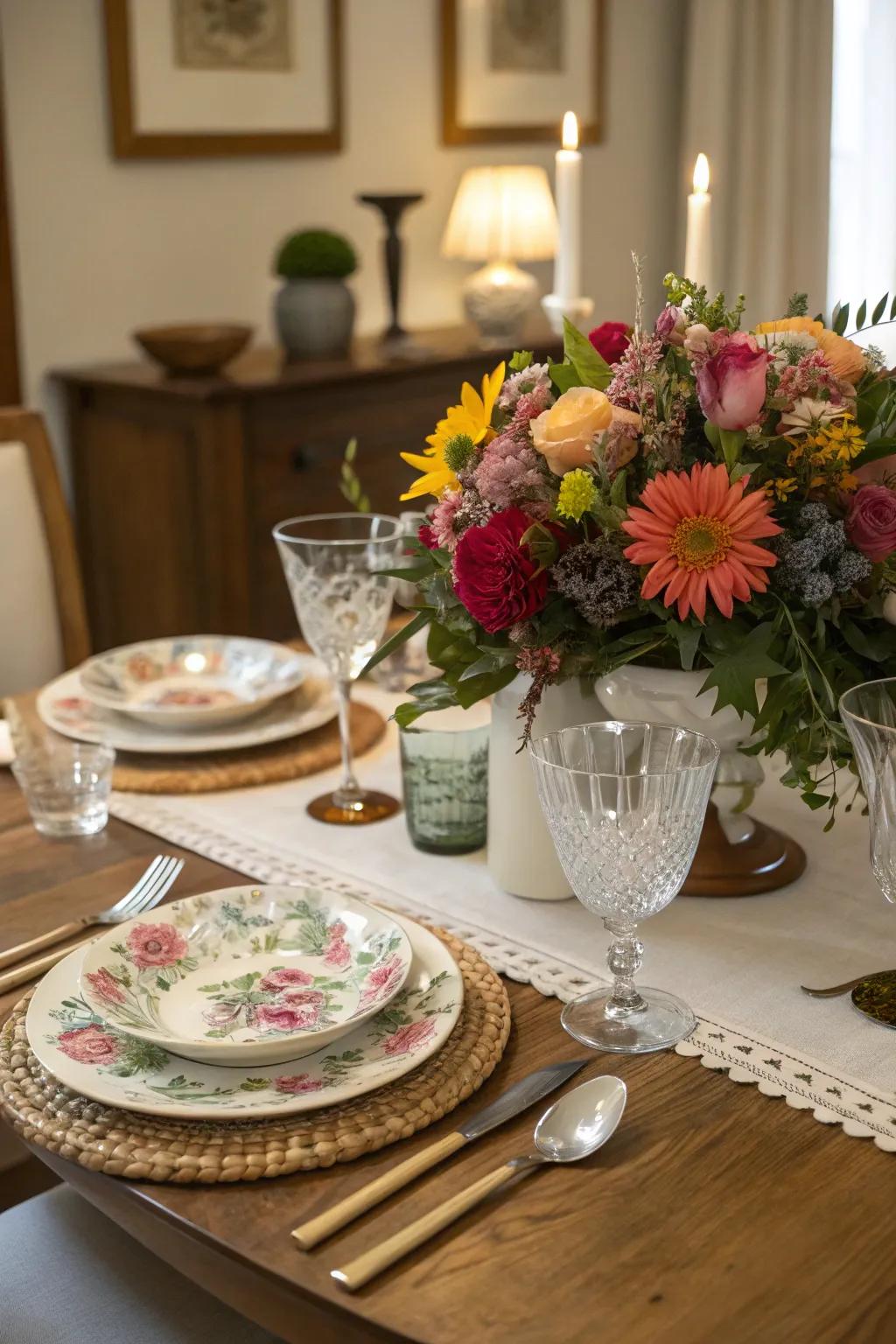 A lively botanical centerpiece enhances the dining table.