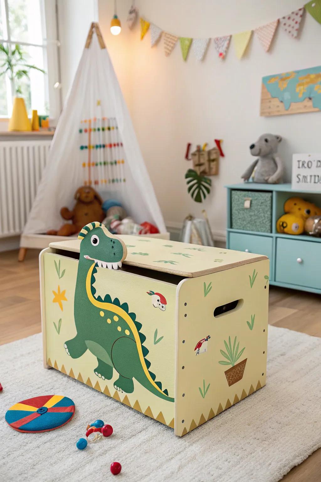 A playful ferocious lizard-shaped toy bin ideal for organizing toys.