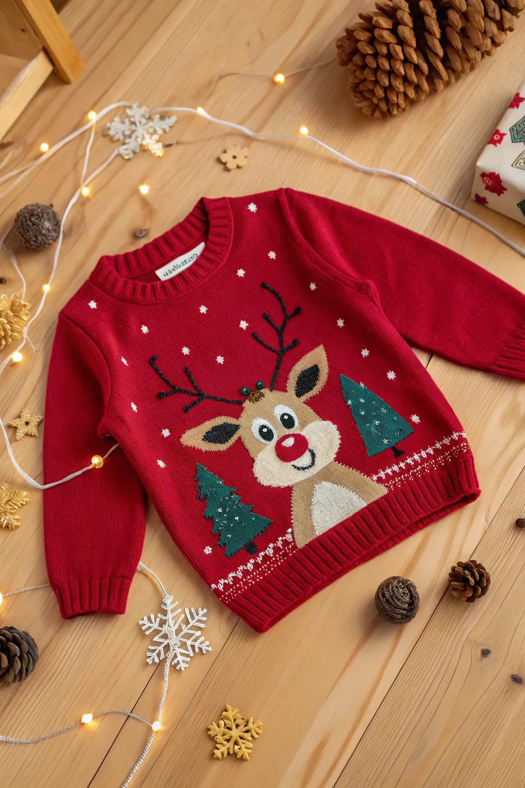 A playful reindeer sweater ready for holiday cheer.