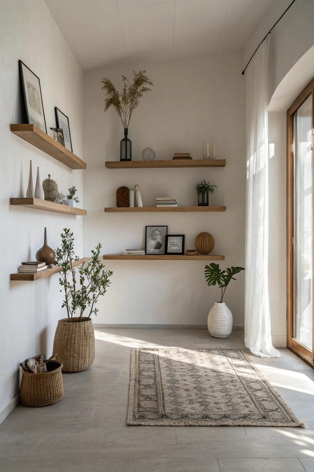 Floating shelves offer a clean, contemporary aesthetic.