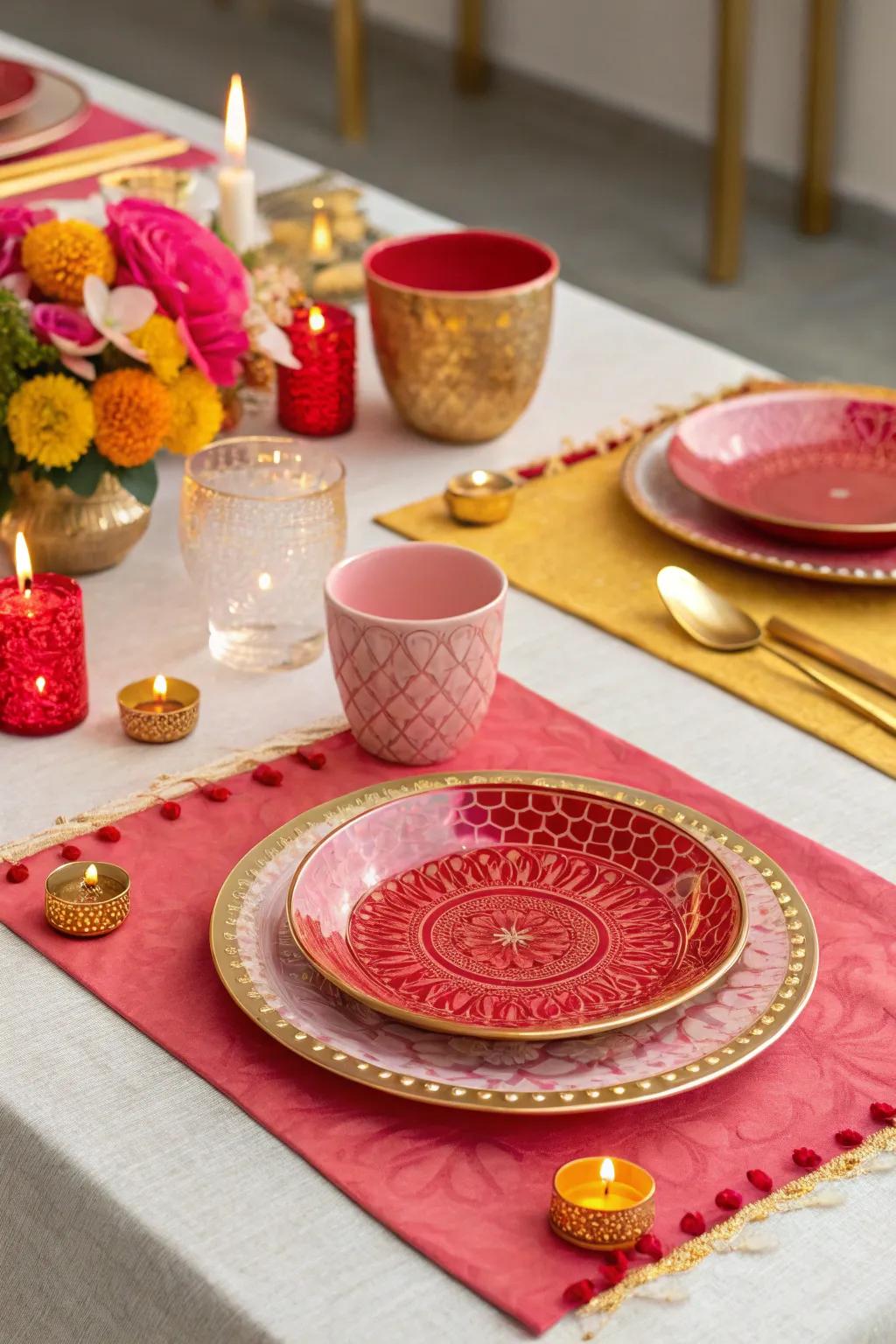 A Diwali table arrangement showcasing a vivid range of colors including scarlet, gold, and rose.