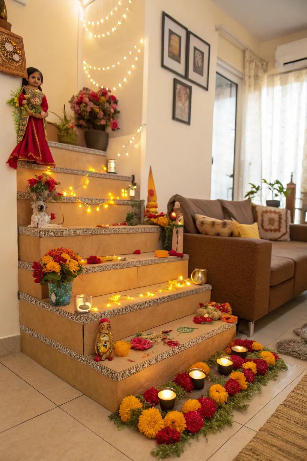 Cardboard steps beautifully decorated for a festive Golu display.