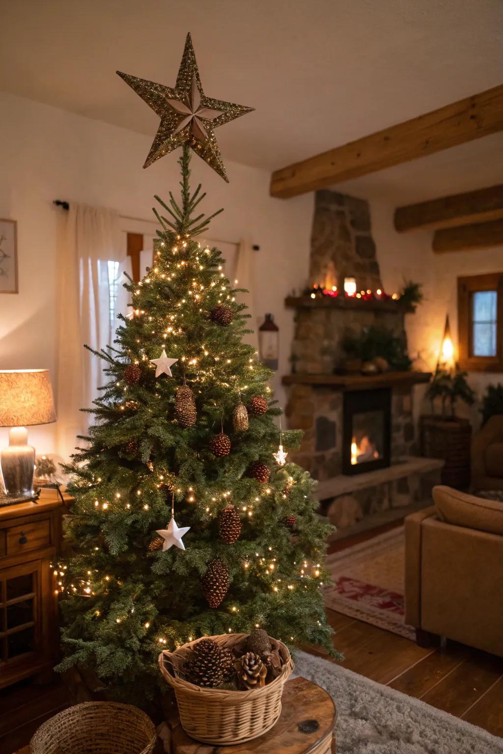 Rustic elegance with a pinecone star topper.