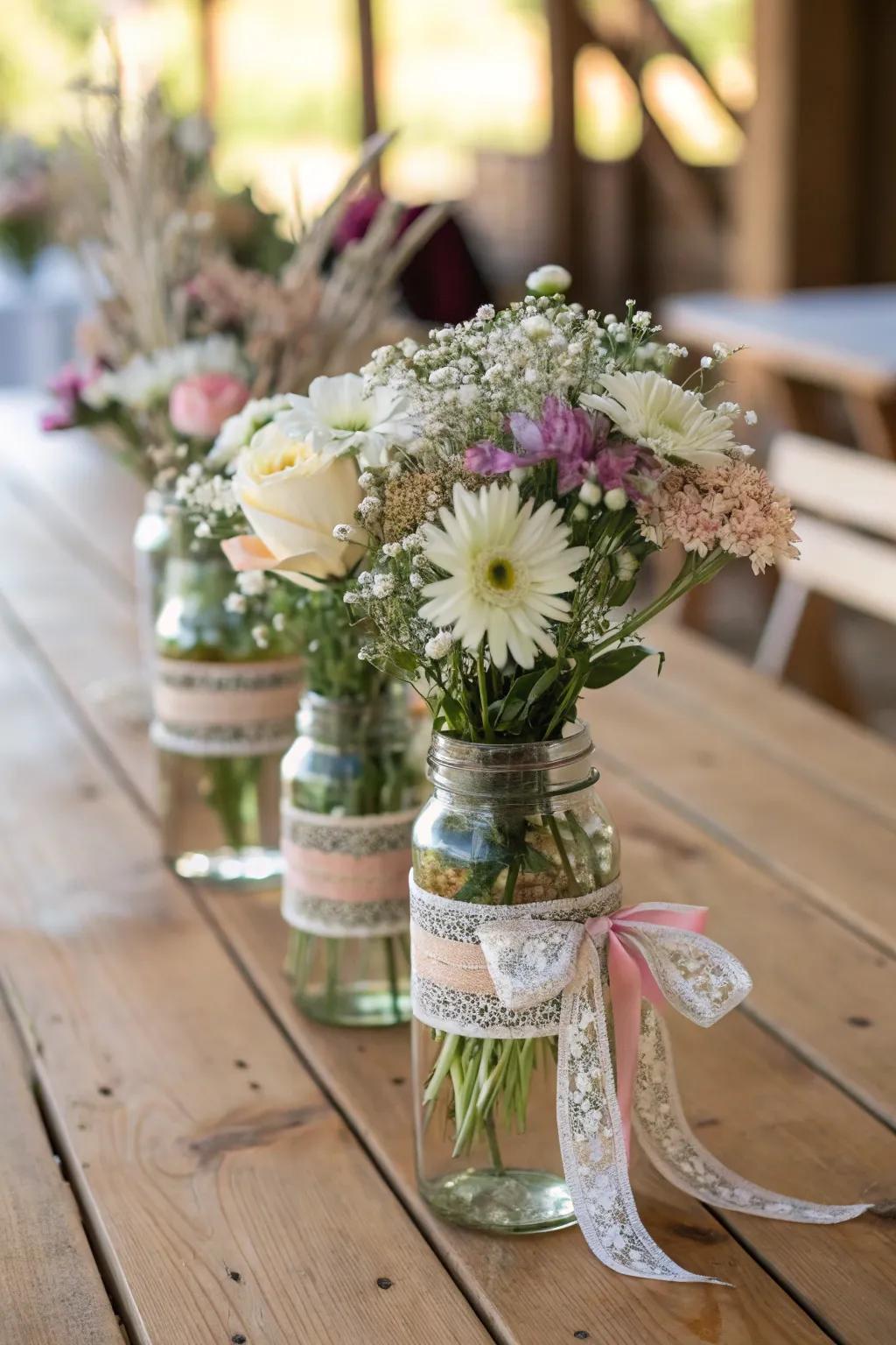 Rustic charm with mason jars filled with vibrant flowers.