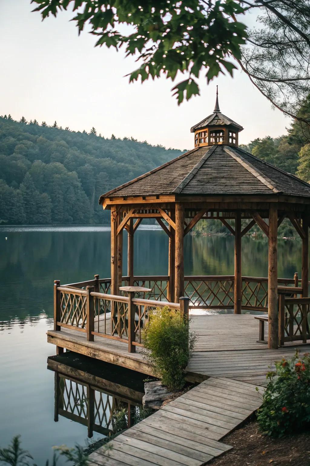 A classic wooden gazebo creates a charming lakeside escape.
