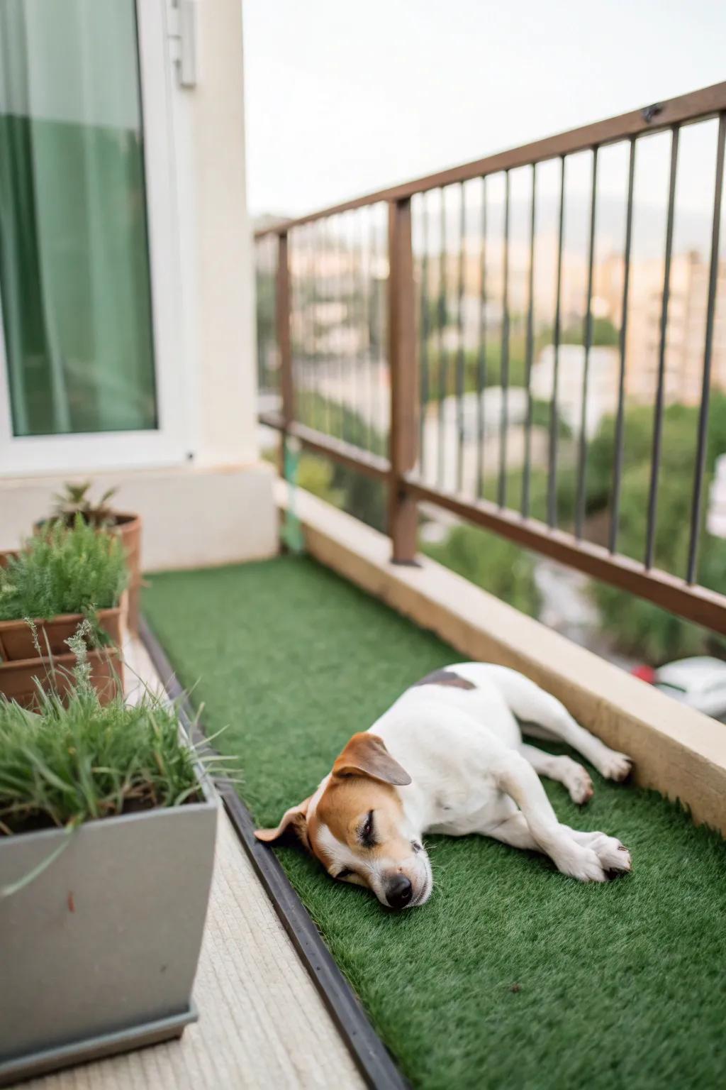 A comfy artificial grass space gives dogs a hint of nature right on the balcony.