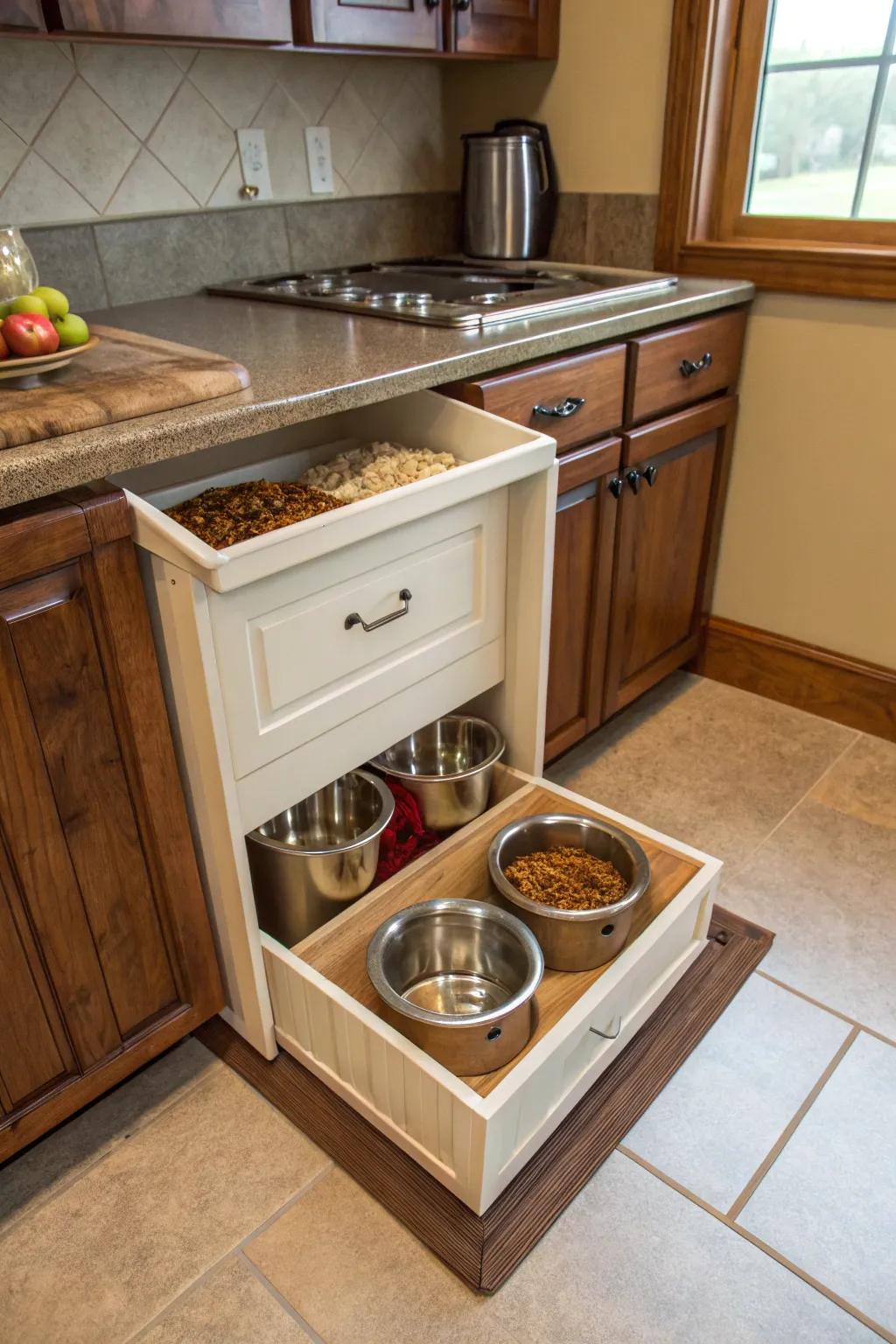 A custom-built dog food station integrates both storage and feeding, all while looking stylish.
