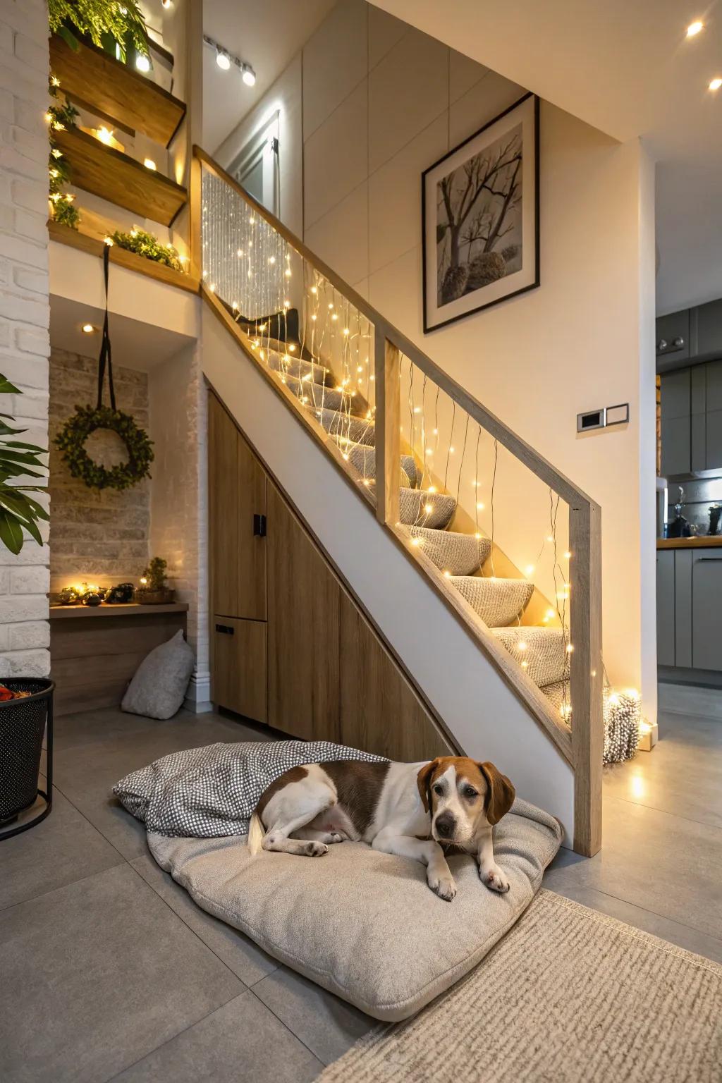 A transformed under-stair space providing a snug dog sanctuary with gentle lighting and comfortable bedding.