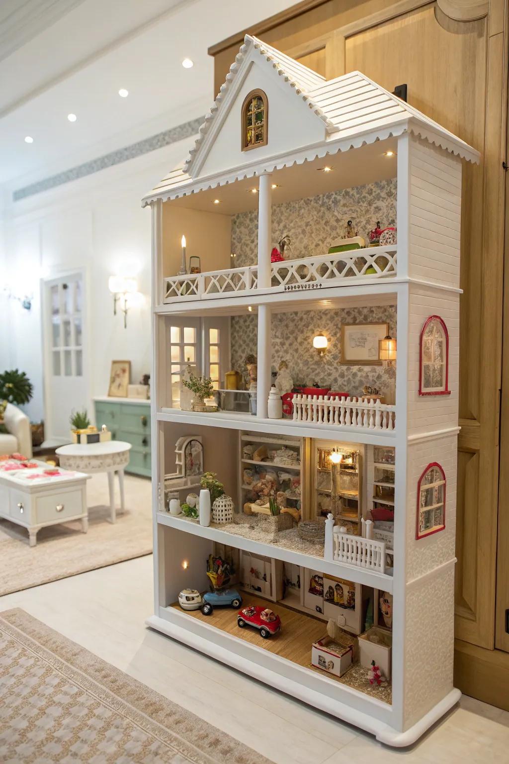 A dollhouse is gracefully arranged on tiered shelving.
