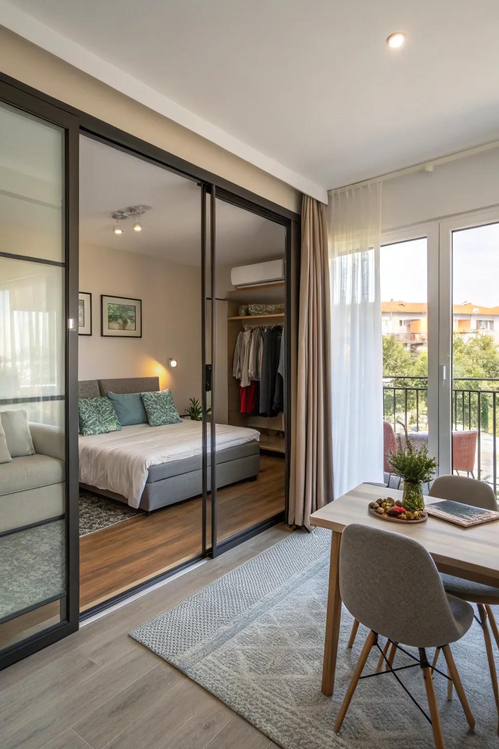 Glass panel sliding doors establish an elegant partition between sleep and living areas while maintaining a bright space.