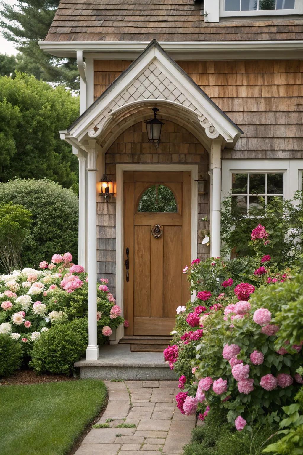 A front entrance with a classic gable-style roof, accented with colorful flowers.