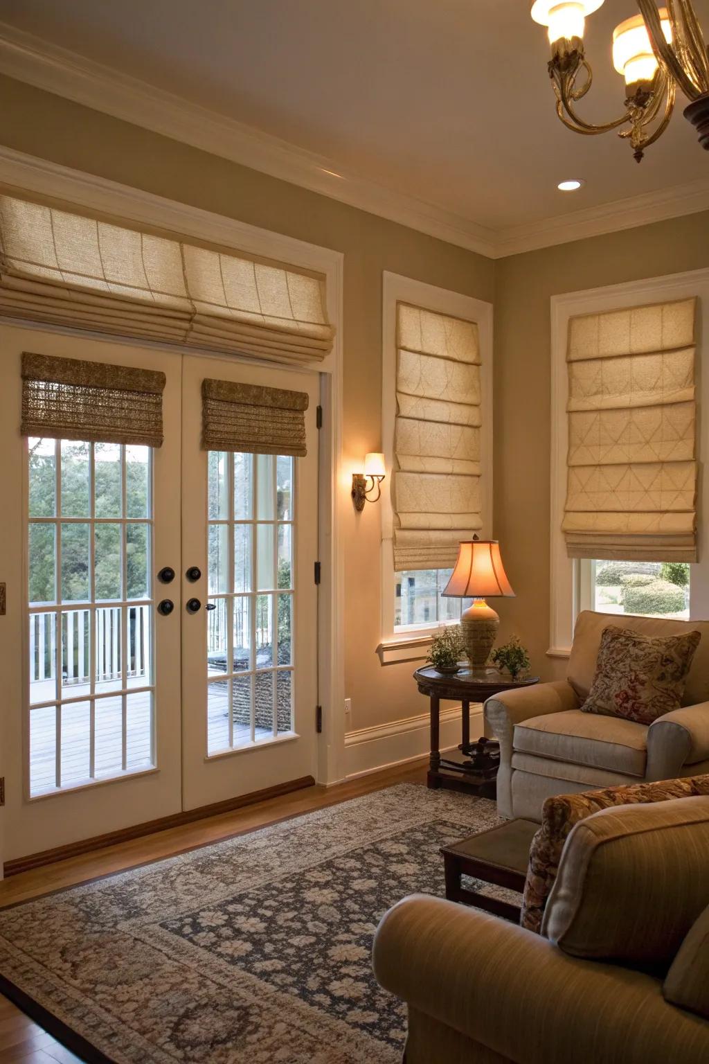 Window coverings offer a classic style while providing seclusion for your door windows.