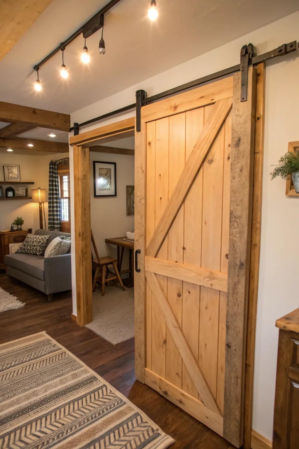 Sliding barn doors introduce rustic charm while saving space.