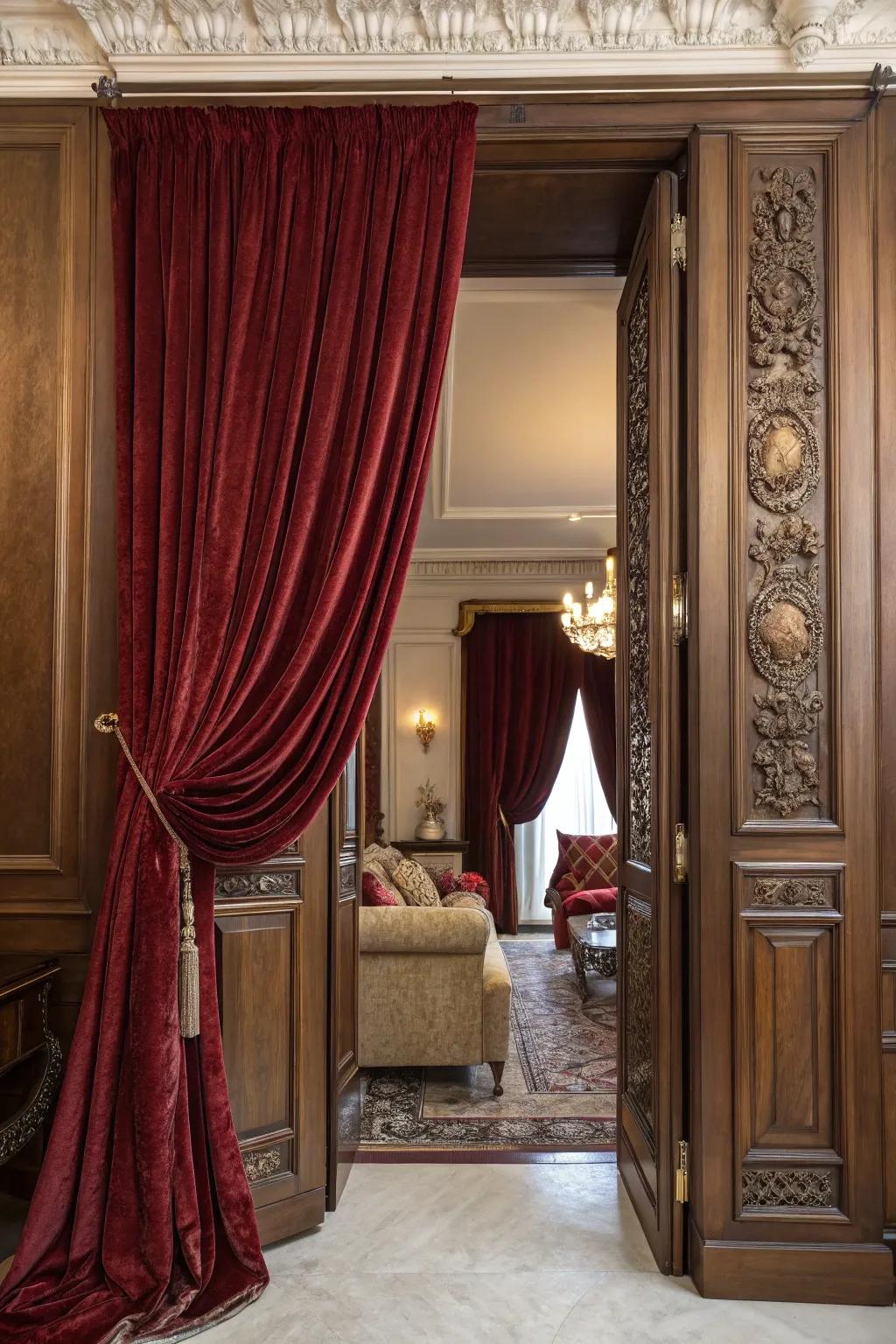 A decadent velvet drape enriches the elegance of a living space.