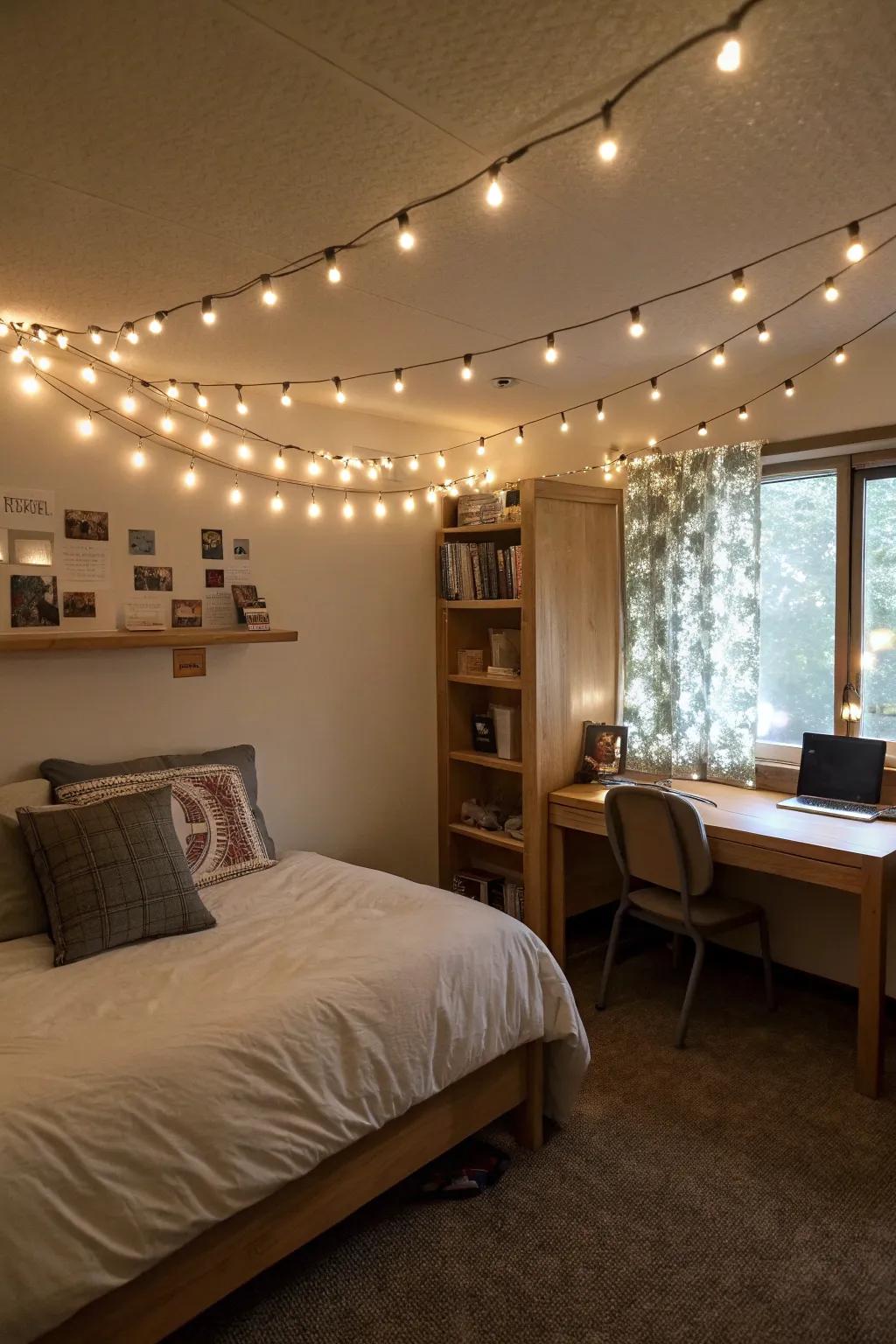 Tiny lights cast a gentle, magical glow ideal for any dorm setting.