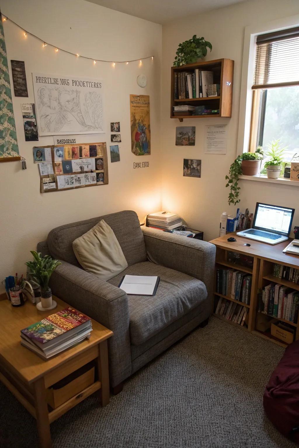 A space-saving loveseat fits perfectly into a small dorm corner.